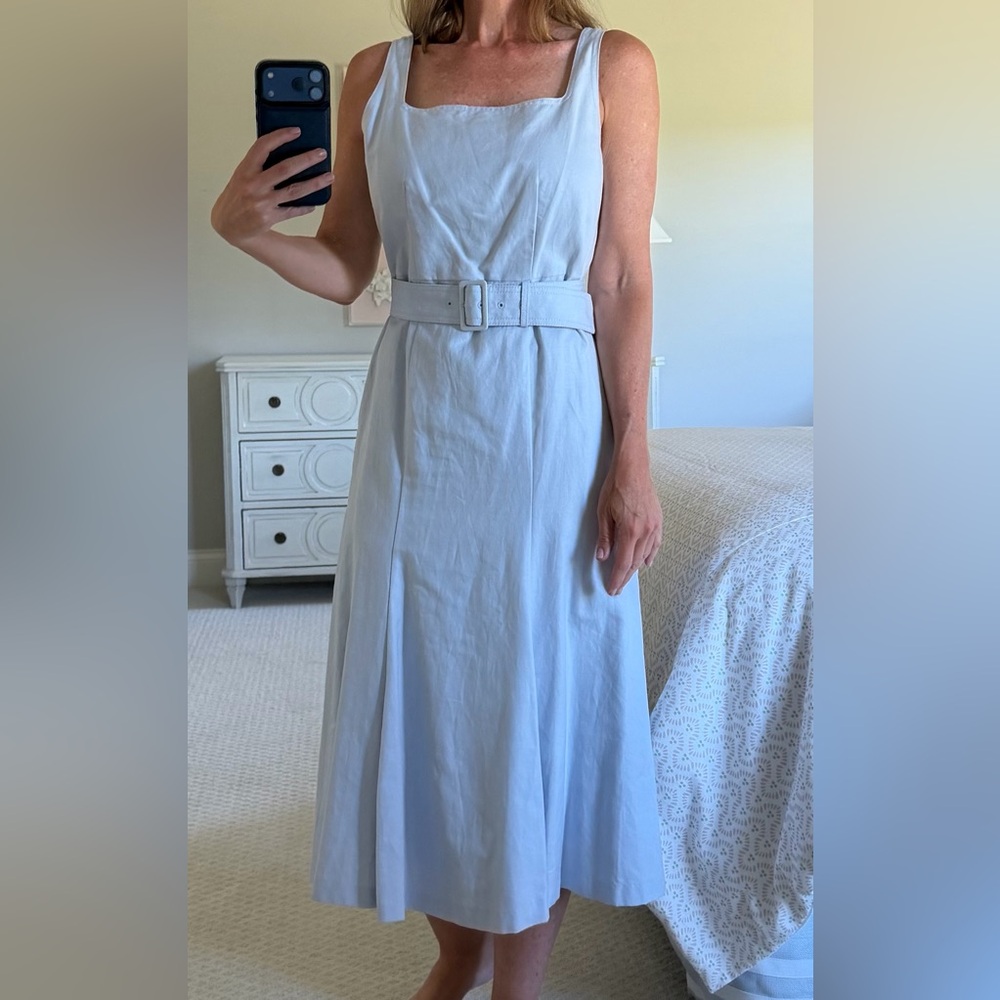 Light Blue Square-Neck Belted Midi Dress